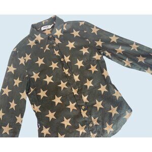 MOSCHINO Jeans Army Green Tan Star Full Button Top Blouse Size Small